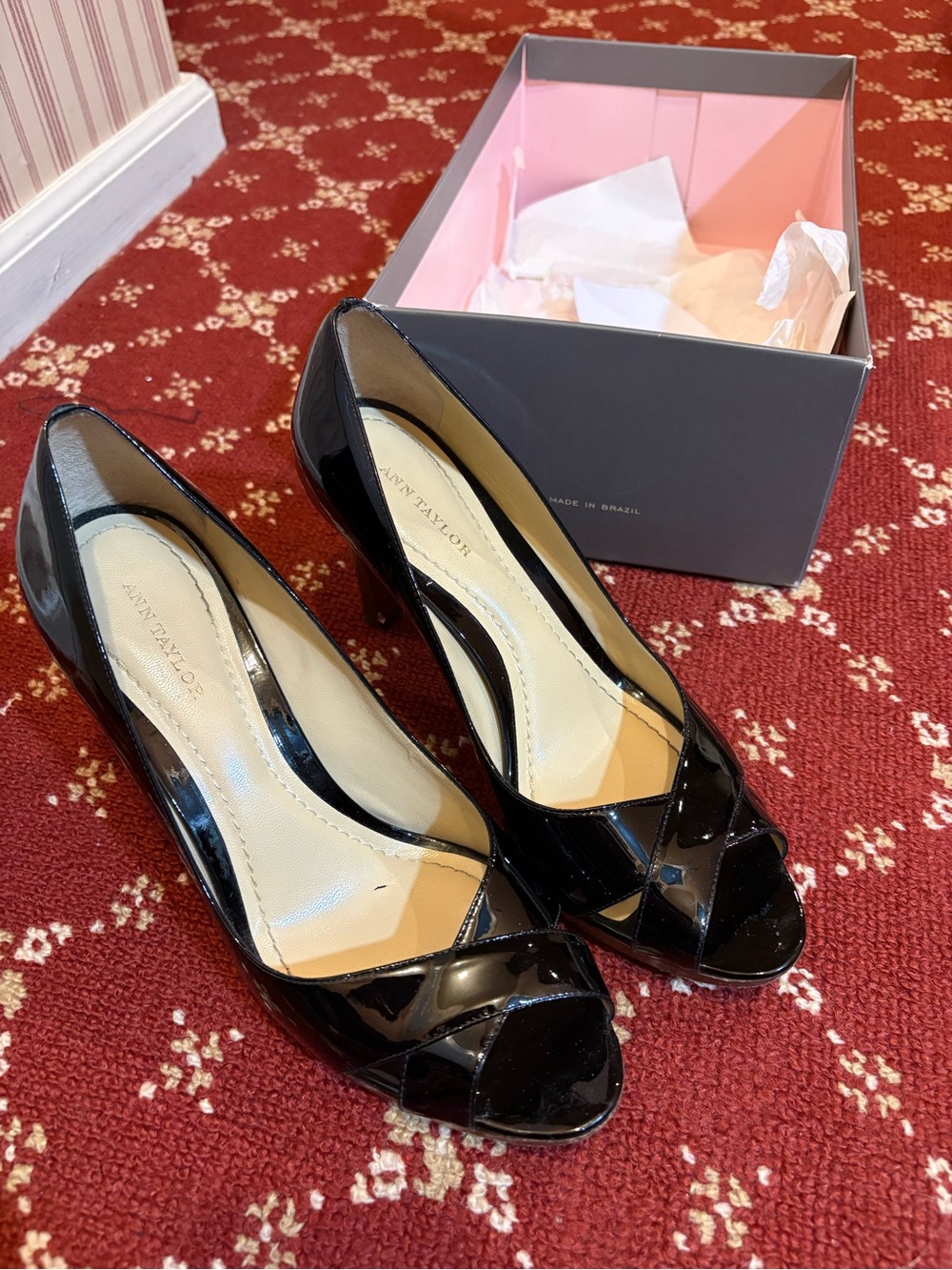 Ann Taylor Black Patent Peep-Toe Heels